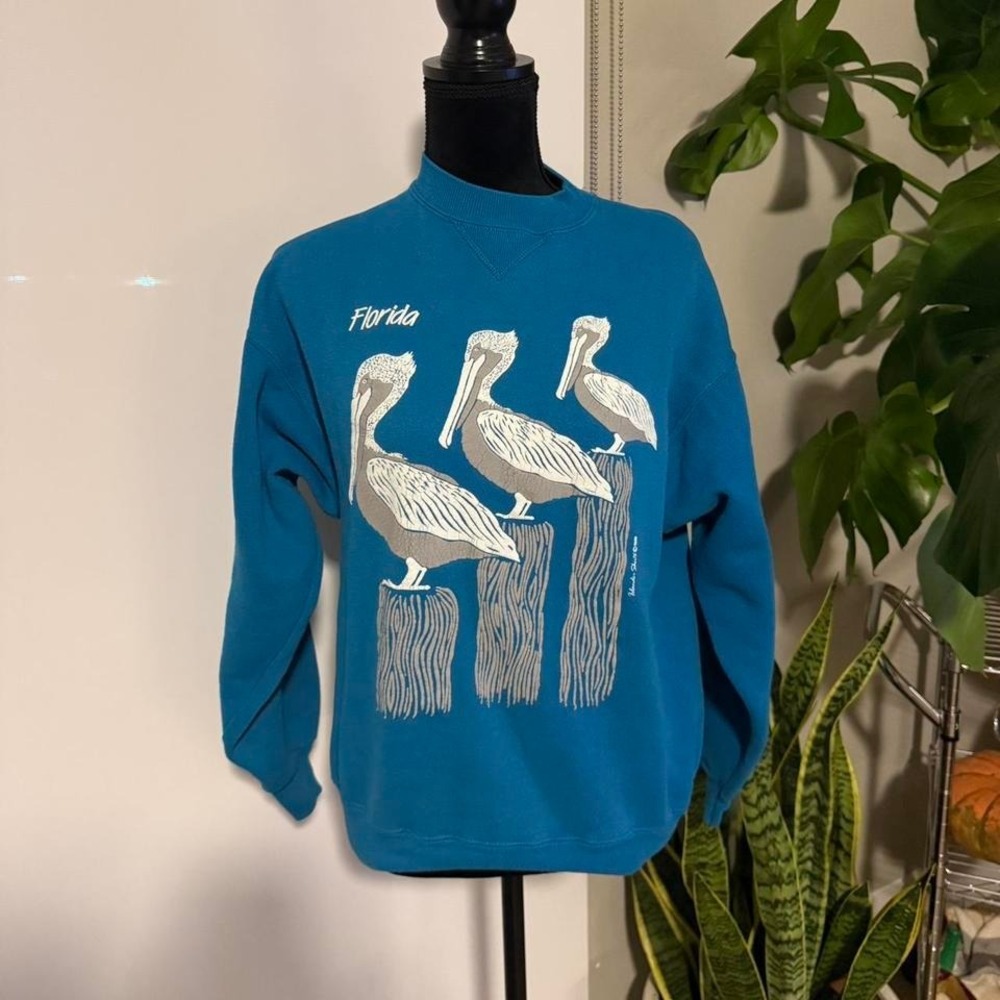 Vintage Florida Pelican Sweatshirt Hanes Classics Teal Graphic Crewneck - Size M - Picture 1 of 5